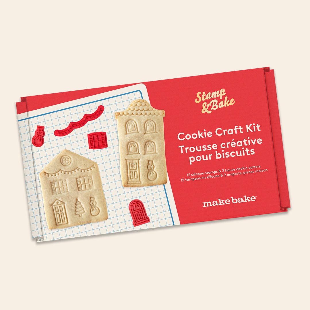 Holiday Sugar Cookie Craft Kit Packaging with house-shaped cookie cutters and silicone baking stamps