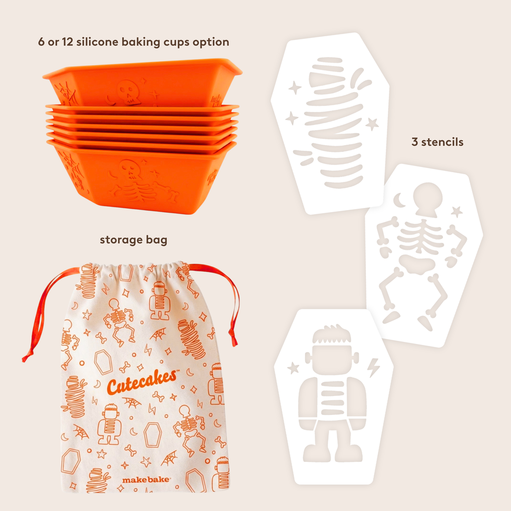 Halloween-themed baking set with silicone baking cups, stencils, and a storage bag on a beige background.