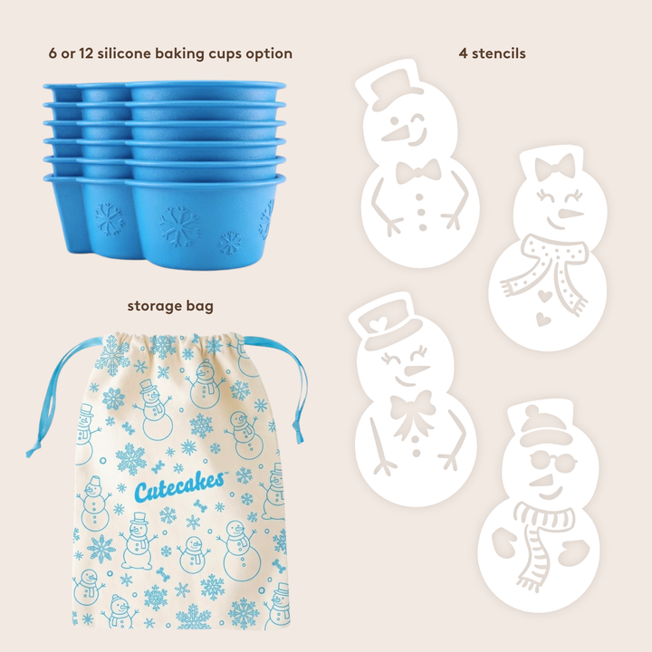 silicone baking cups, stencils, and storage bag with snowman design on a beige background