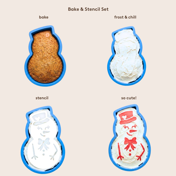 Bake and stencil set with snowman design on a beige background