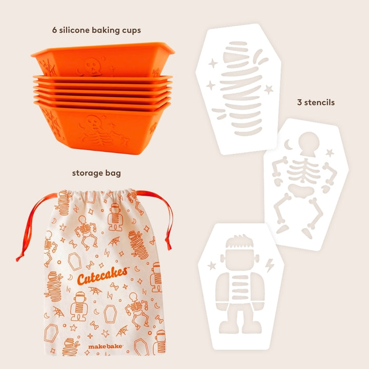 Set of 6 coffin-shaped silicone baking cups, 3 Halloween-themed frosting stencils, and a storage bag on a beige background.