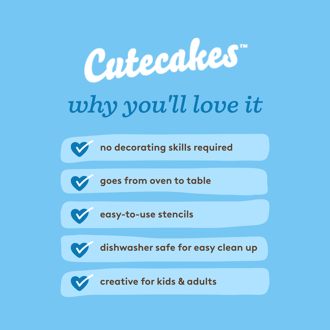Promotional text for 'Cutecakes' on a blue background with features listed.