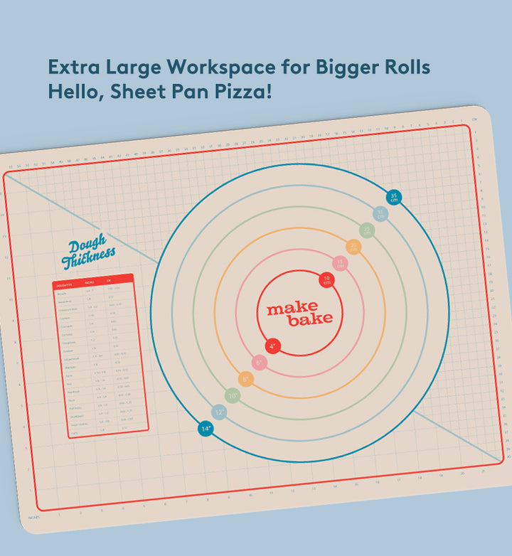 Extra Large Workspace for Bigger Rolls. Hello, Sheet Pan Pizza! Cream Colored Silicone Baker's Mat with Colorful Pie Rings and Measurement Grid in Inches and Metric Measurements. Also Includes a Dough Thickness Cheat Sheet.