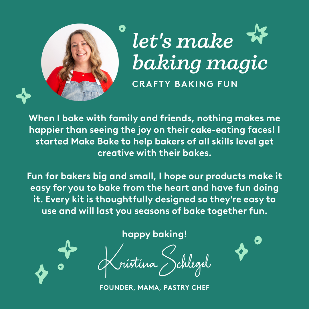 Promotional graphic for 'Make Bake' with a woman's face, text about baking fun, and branding information.