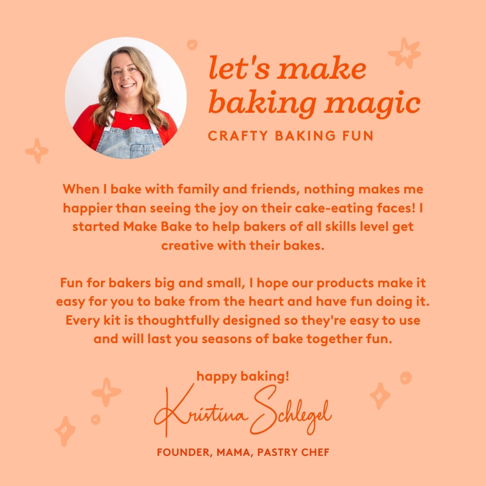 Photo of founder with the headline "Let's Make Baking Magic" and a letter about why she started Make Bake and created the I'm Dead Bake & Decorate Kit.