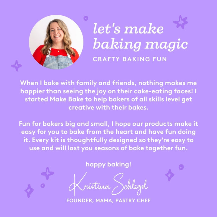 Photo of founder with the headline "Let's Make Baking Magic" and a letter about why she started Make Bake and created the Monster Mixup Stamp & Bake Set.