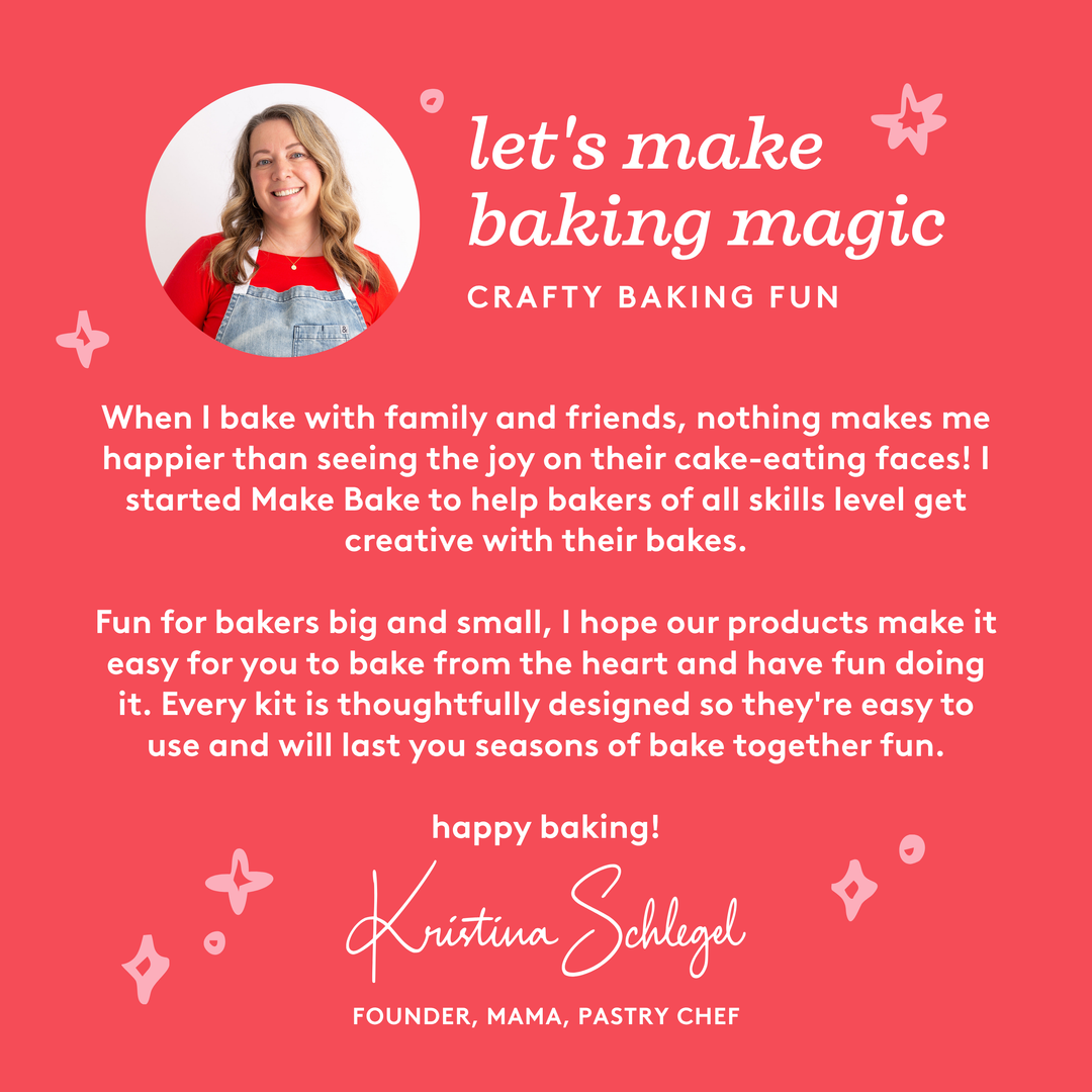 Promotional graphic for 'Make Bake' with a quote and branding information on a red background.
