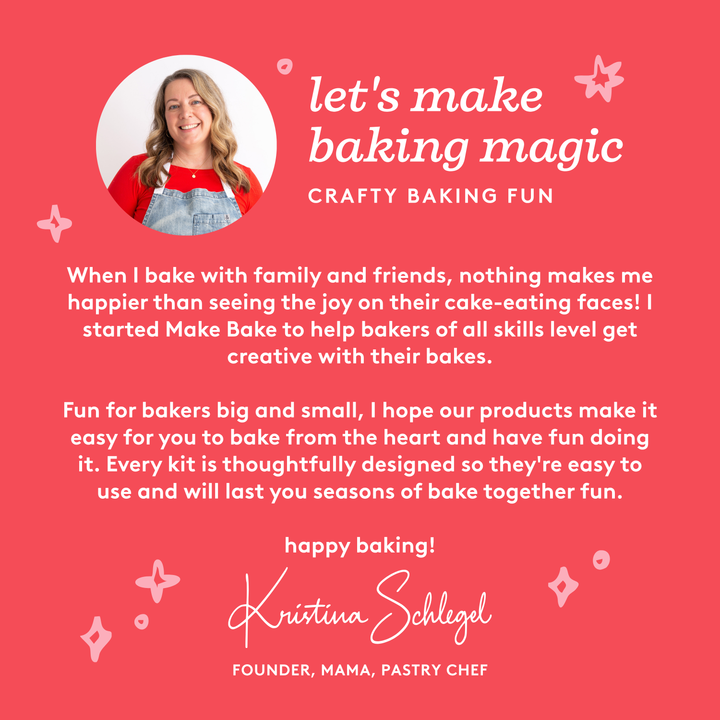 Promotional graphic for 'Make Bake' with a quote and branding information on a red background.