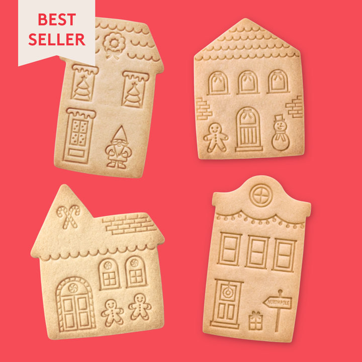 Four house-shaped cookies with embossed designs on a red background, labeled 'Best Seller'.