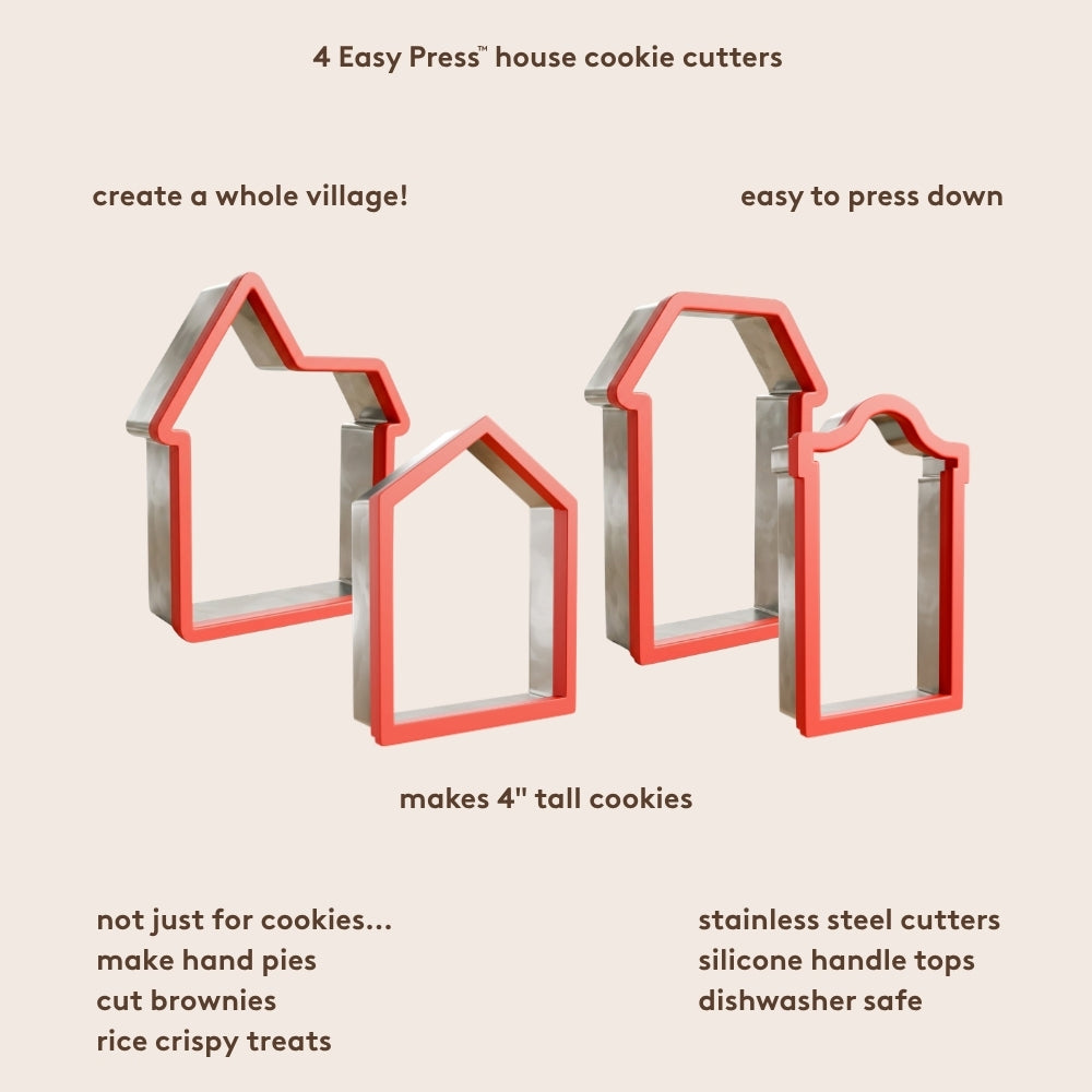 Gingerbread house-shaped cookie cutters with text describing their uses on a beige background.