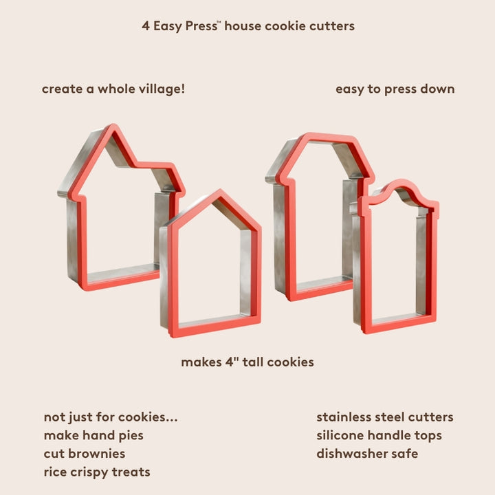 Gingerbread house-shaped cookie cutters with text describing their uses on a beige background.
