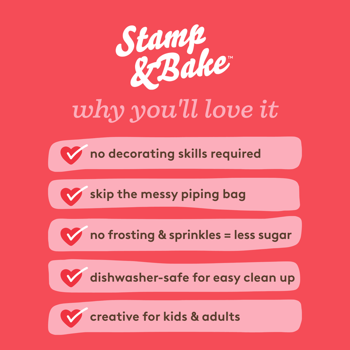 Promotional graphic for Stamp & Bake with features on a red background