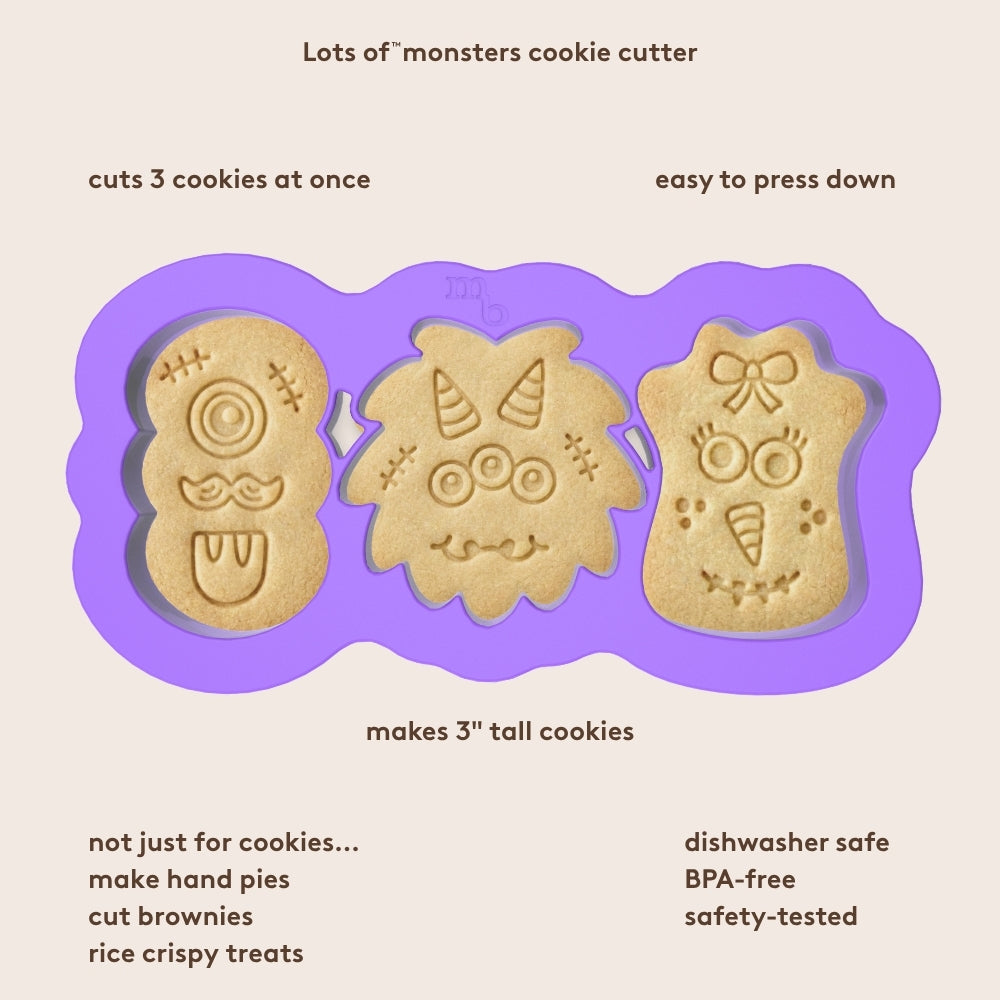 Lots Of Monsters cookie cutter shown with three monster cookie designs and text describing its easy to use and clean features.