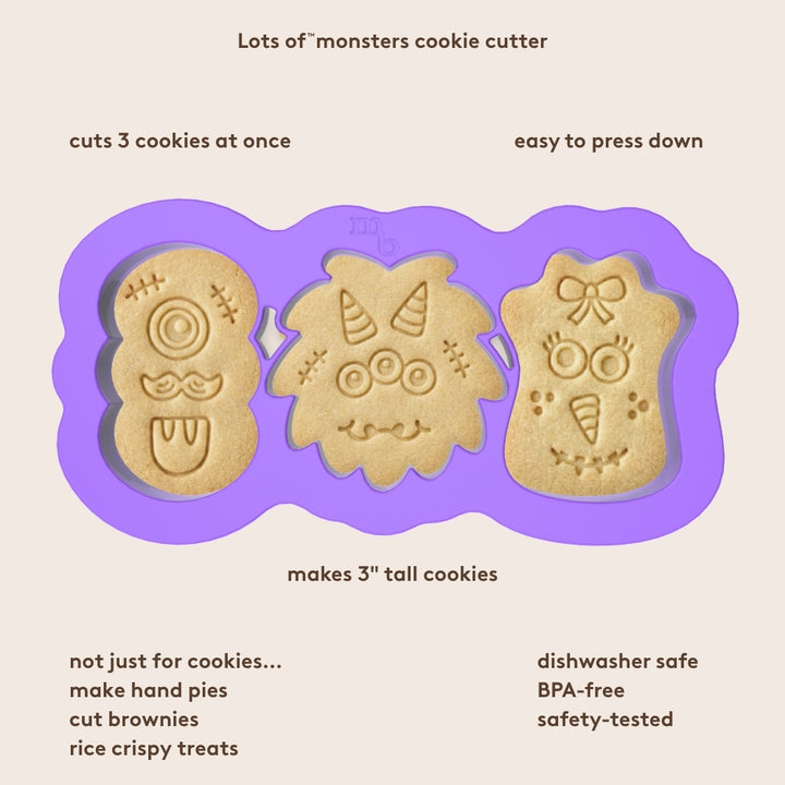 Lots Of Monsters cookie cutter shown with three monster cookie designs and text describing its easy to use and clean features.
