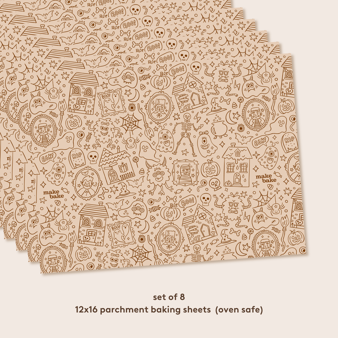 Set of 8 12x16 parchment baking sheets with Halloween-themed designs on a beige background.