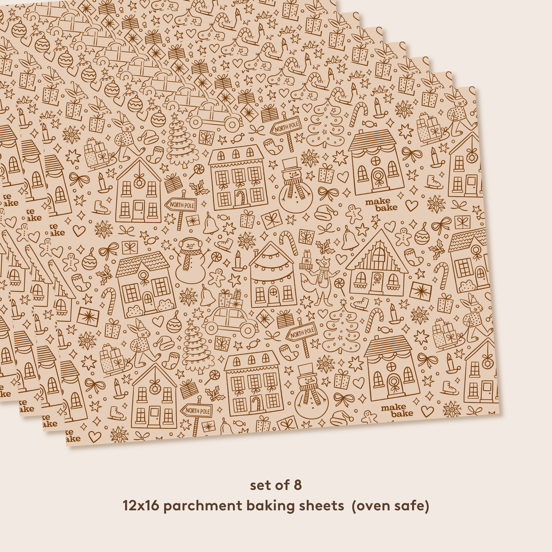 Set of 8 parchment baking sheets with Christmas-themed design on a white background