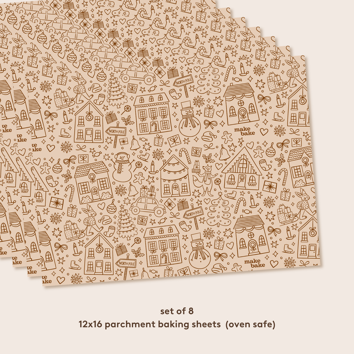 Set of 8 parchment baking sheets with Christmas-themed design on a white background