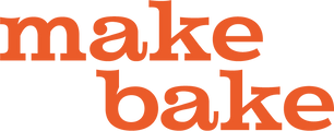 Tomato colored 'Make Bake' brand logo.