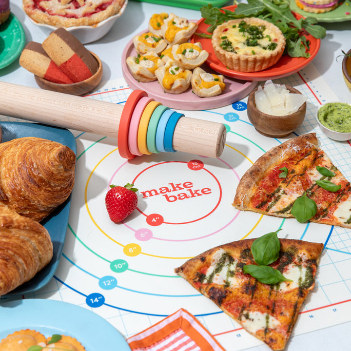 Make Bake Rainbow Roller Rolling Pin and Mat Set for Home Bakers and Chefs used to make croissants, pizza dough, pasta, cookies, crackers, pastry dough and donuts.