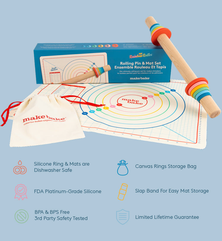 Rolling Pin and Mat Set for Baking Includes Wood Rolling Pin, Silicone Depth Rings and Matching Dough Rolling Mat, Canvas Storage Bag and Slap Band for Mat Storage.