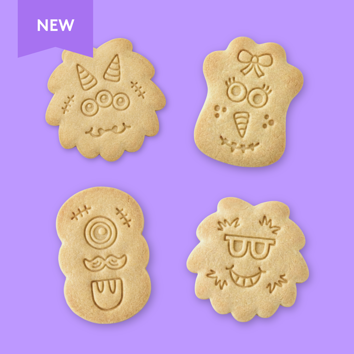 Four uniquely designed cookies on a purple background with 'NEW' label.
