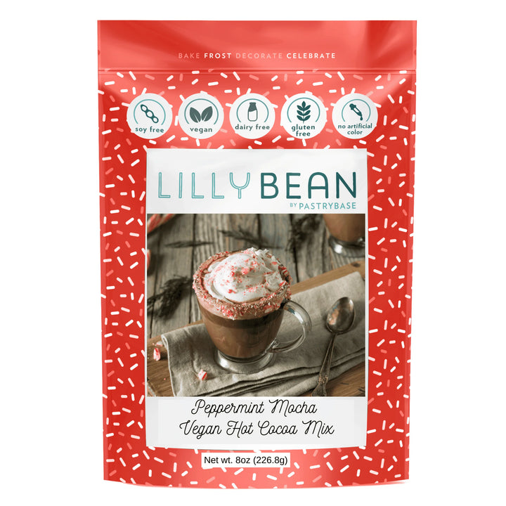 Lilly Bean Peppermint Mocha Vegan Hot Cocoa Mix packaging with a cup of hot chocolate on a white background