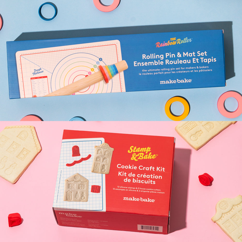 Picture of the box packaging of Make Bake's Rainbow Roller Rolling Pin & Mat Set and of the Stamp & Bake Cookie Craft Kit Set
