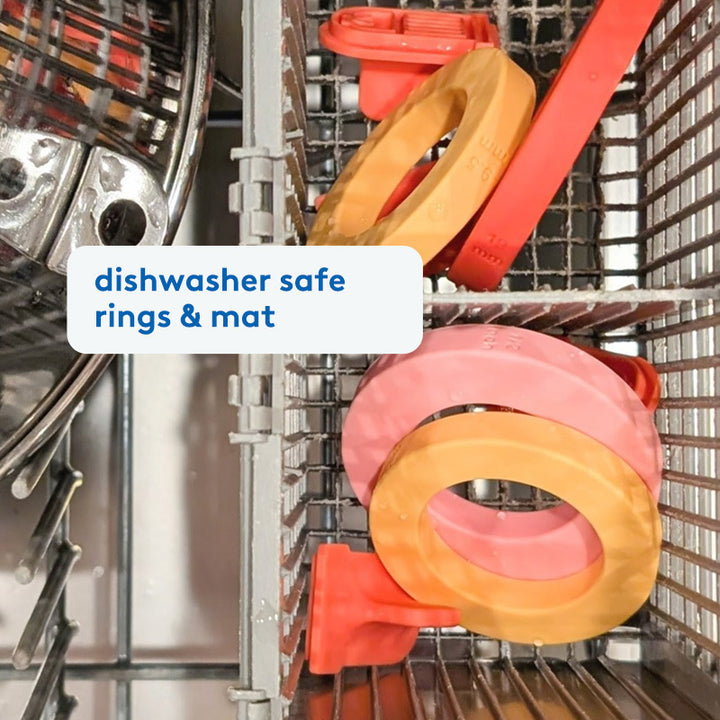 Dishwasher safe silicone thickness rolling pins shown in a dishwasher utensil basket for easy clean up after rolling dough