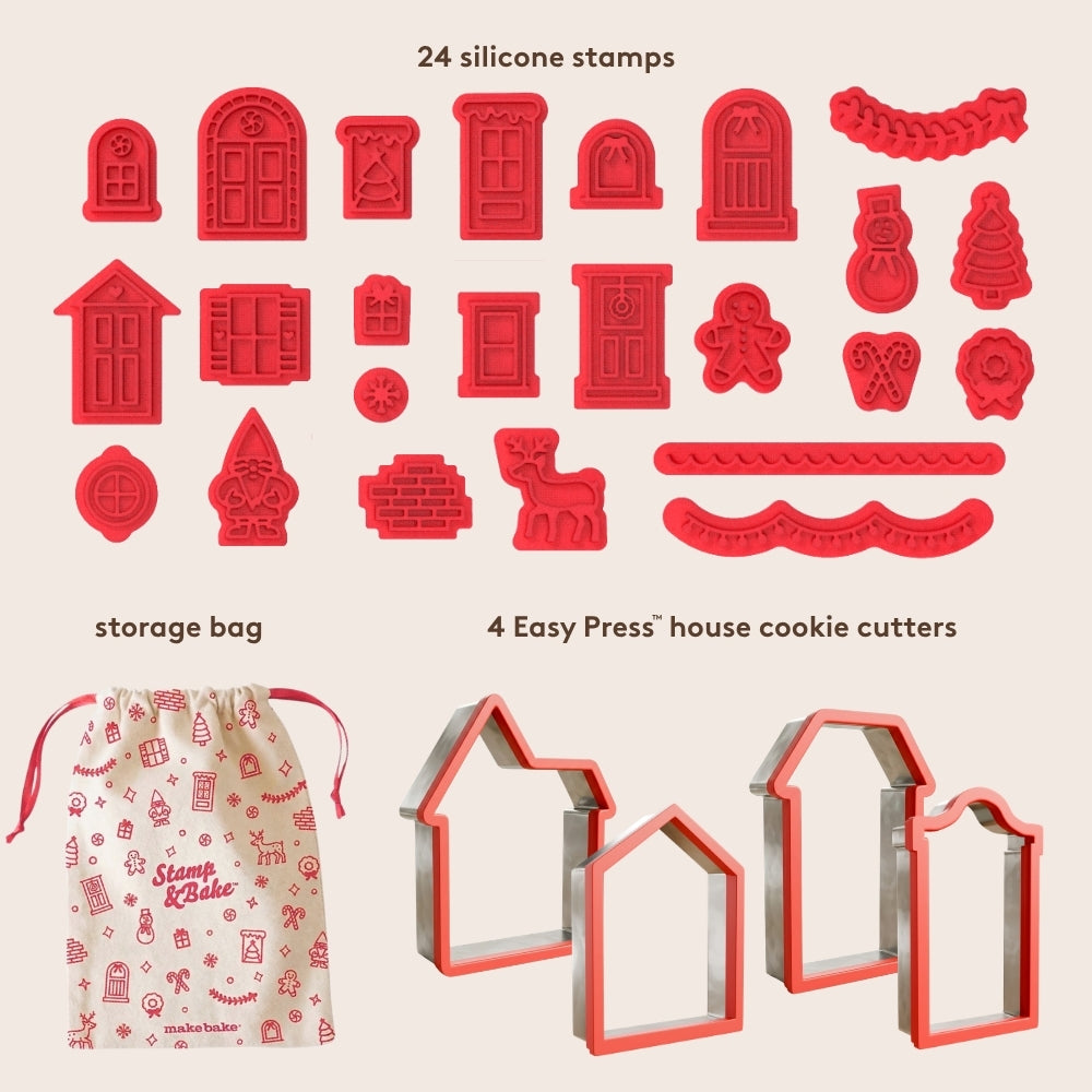 Set of 24 red silicone cookie stamps, 4 stainless cookie cutters with silicone handle tops, and illustrated Christmas-themed canvas storage bag.