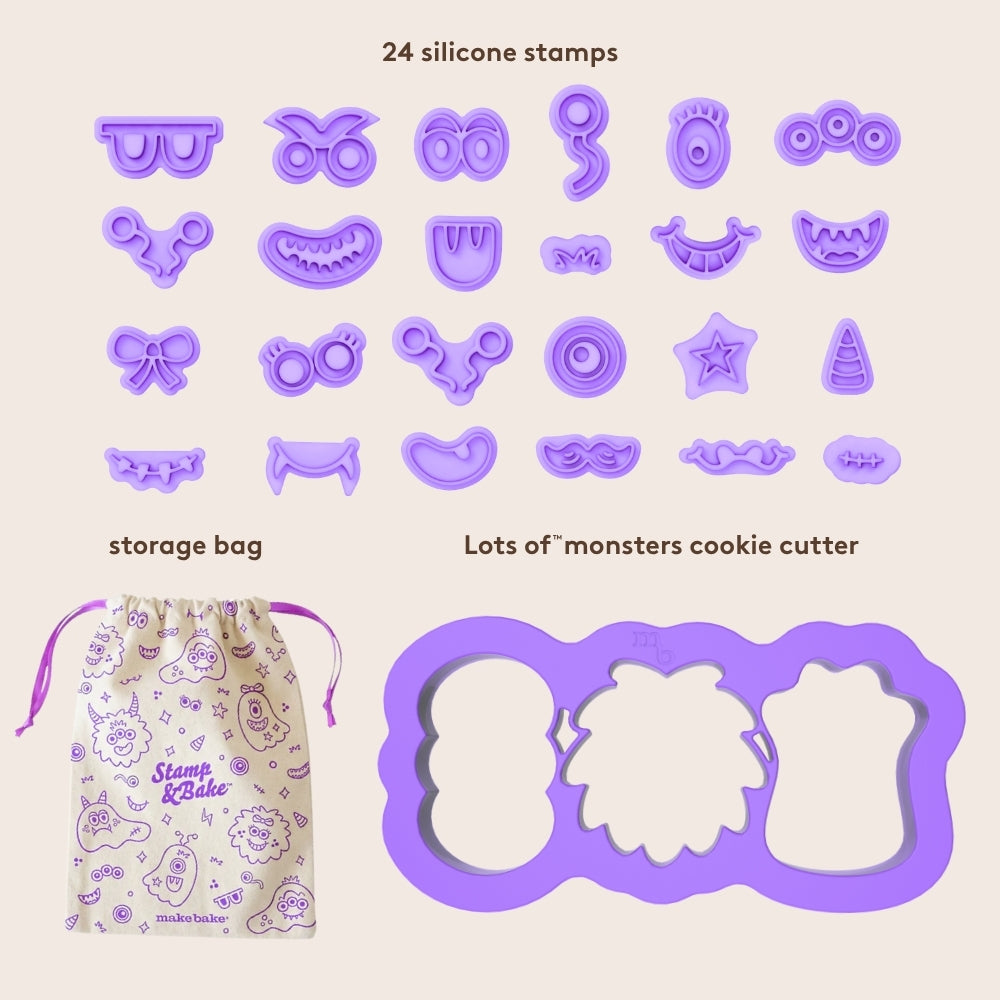 Set of 24 purple silicone cookie stamps, 1 Lots of Monsters cookie cutter with and illustrated monster-themed canvas storage bag.