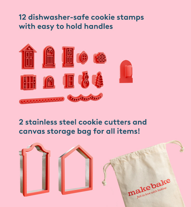 Set of 12 dishwasher-safe cookie stamps  that include doors, windows and other house parts, 2 stainless steel house shaped cookie cutters, and a storage bag on a pink background.