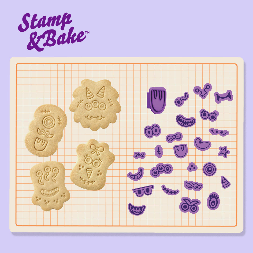 Stamp & Bake monster themed sugar cookies where the faces are created with cookie stamps on grid background and purple cookie stamp renderings.