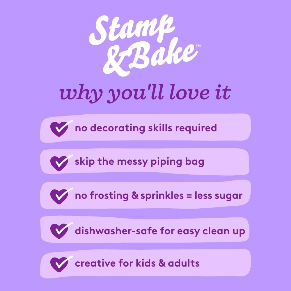 Graphic explaining the benefits of the Monster Mixup Halloween Cookie Decorating Kit for easy holiday baking for kids including that it does not require decorating skills, it's less messy and less sugar. The items are also dishwasher safe.