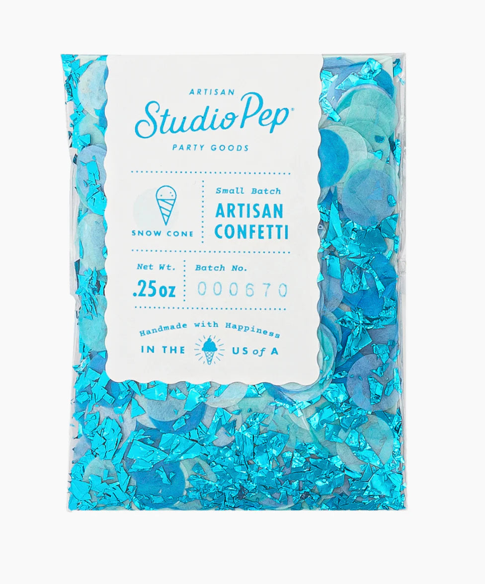 Packaging of Blue Studio Pep artisan confetti with blue and white design