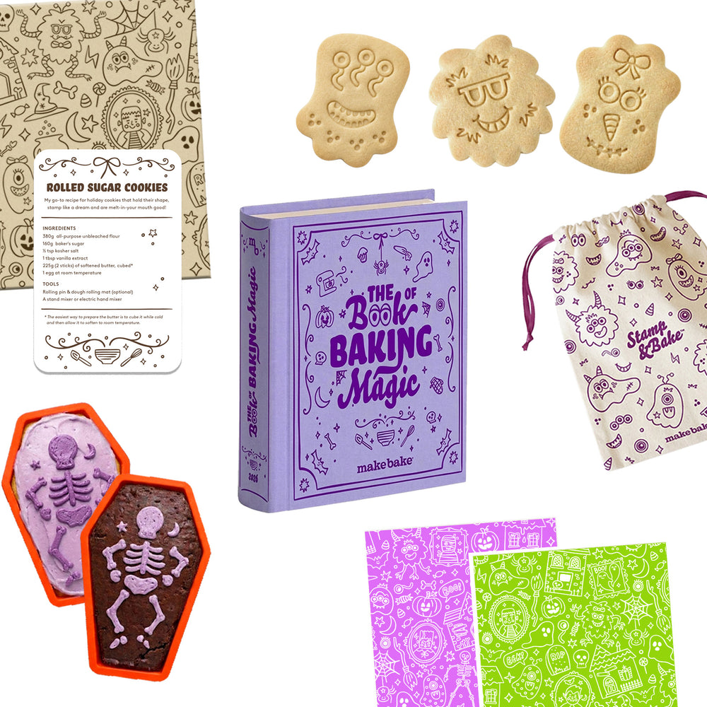 Collage style image depiciting all the items in the Book of Magic Baking Set including monster cookie stamps, coffin shaped cupcake liners, canvas bag for storage, halloween themed parchment paper, sugar cookie recipe and purple and green halloween themed Swedish cloths.