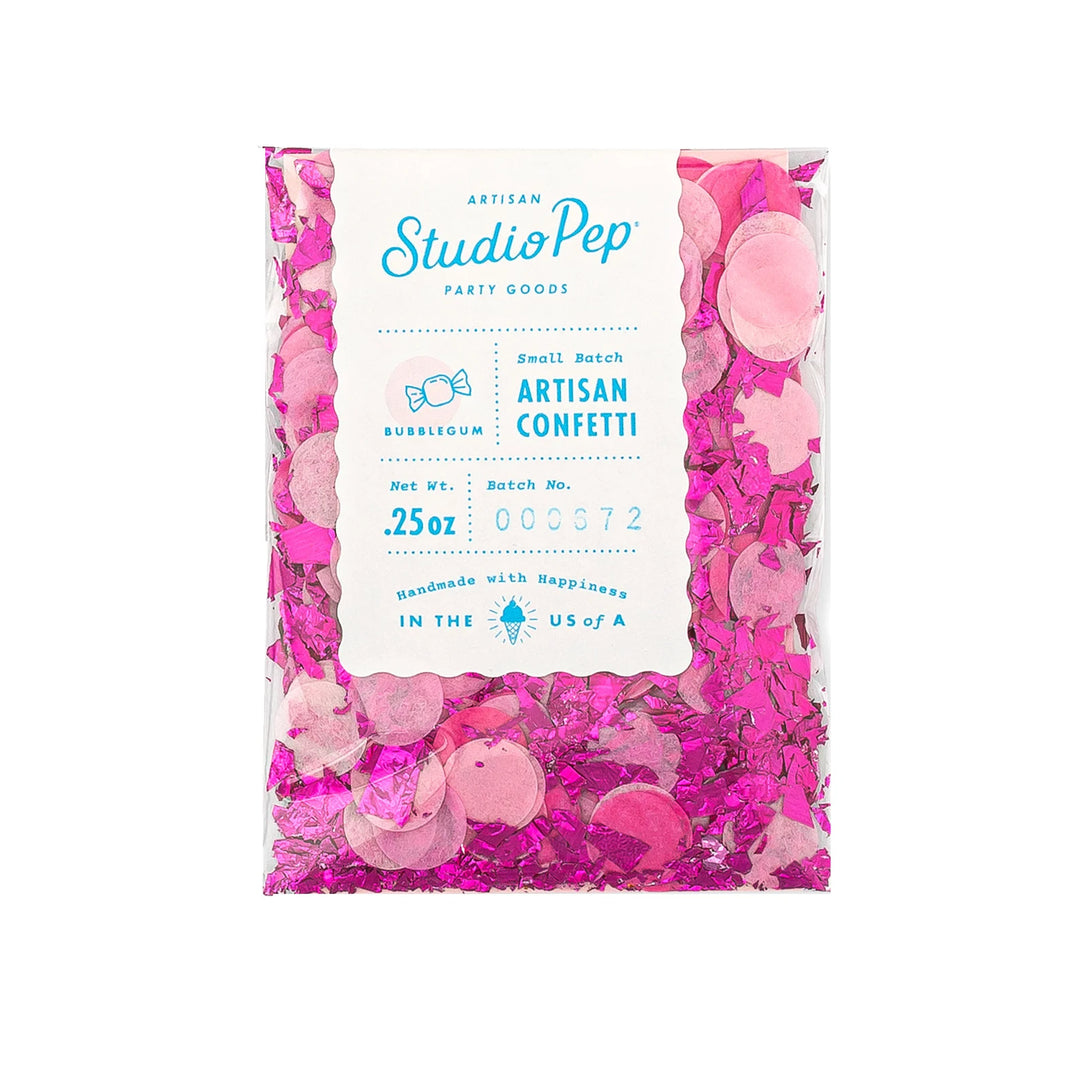 Pouch of pink bubblegum pink confetti with StudioPep branding on a white background