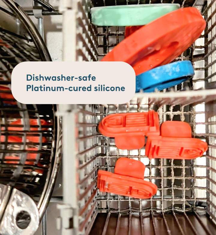Red silicone bands in a dishwasher with text 'Dishwasher-safe Platinum-cured silicone'.