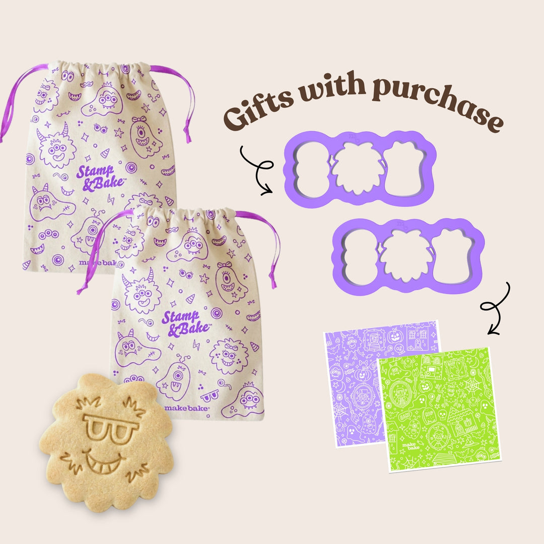 A promotional collage on a light beige background showing two cream drawstring bags with purple 'Stamp & Bake' branding, two purple cookie cutters, two patterned swedish dishcloths, and text reads 'Gifts with purchase'.