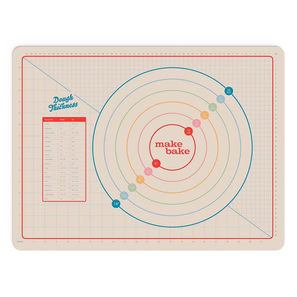 Silicone baking mat with measurements for pies and ruler in CM and inches and a dough rolling thickness chart. Mat is cream colored with colorful rainbow colors in the design.