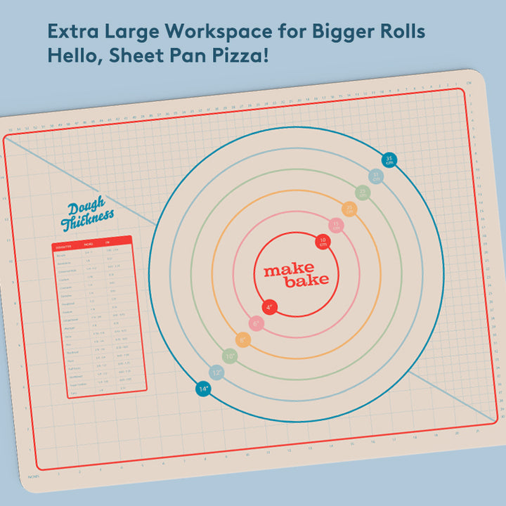 A picture of Make Bake's silicone dough rolling mat with text highlighting that due to it's large size of 18" by 24" it's useful for rolling our large doughs, such as sheet pan pizza dough.