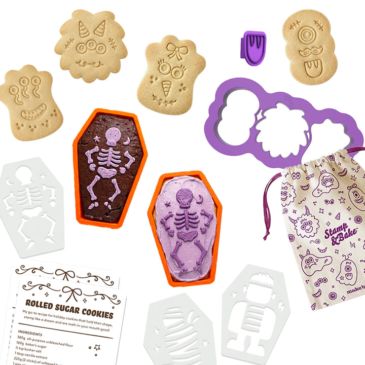 Collage style image of all the items in the creative baking bundle, including the Monster themed Stamp & Bake set, the Cutecakes coffin baking cups and the set of recipe cards.