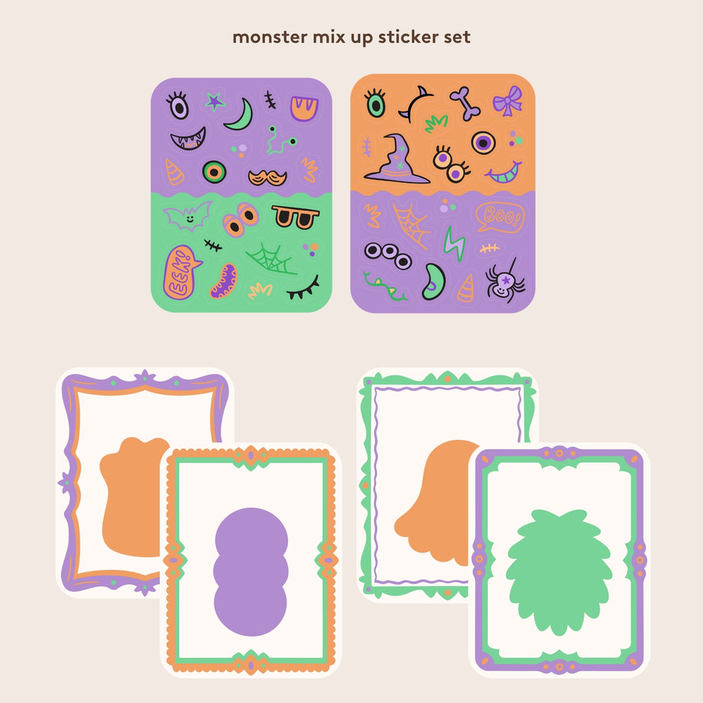 2 monster-themed sticker sheets with monster face parts and 4 colorful monster body portrait cards on a beige background