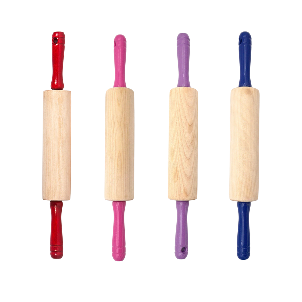 Four wooden rolling pins with colorful handles in red, pink, purple, and blue, arranged vertically on a plain white background.