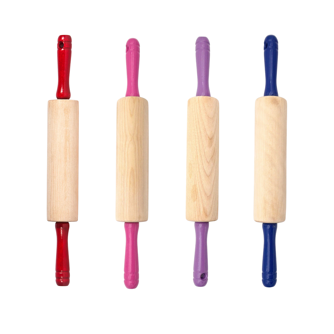 Four wooden rolling pins with colorful handles in red, pink, purple, and blue, arranged vertically on a plain white background.