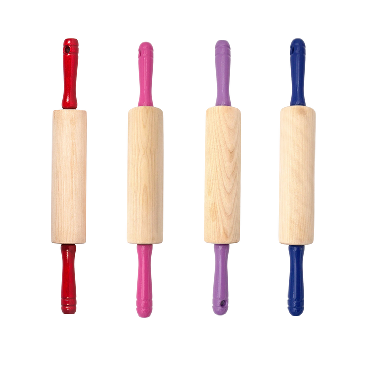 Four wooden rolling pins with colorful handles in red, pink, purple, and blue, arranged vertically on a plain white background.