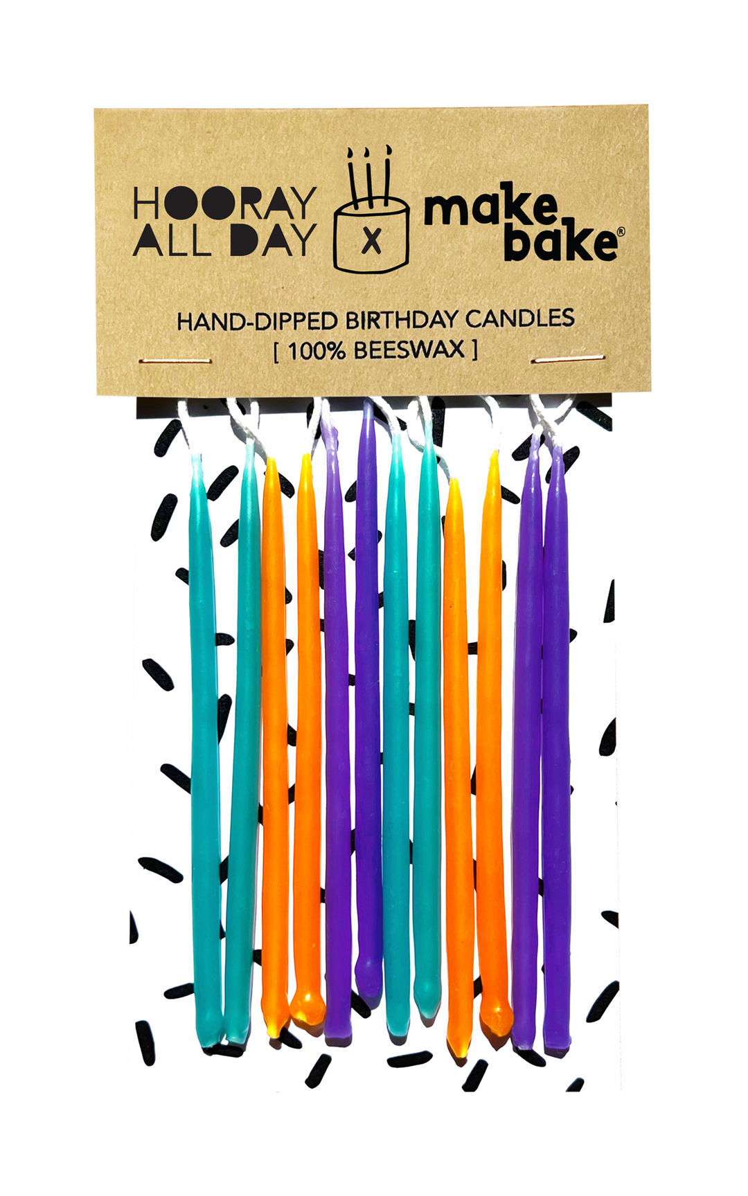 MAKE BAKE brand 12 hand-dipped 100% beeswax birthday candles in halloween monster themed colors including teal green, orange and purple
