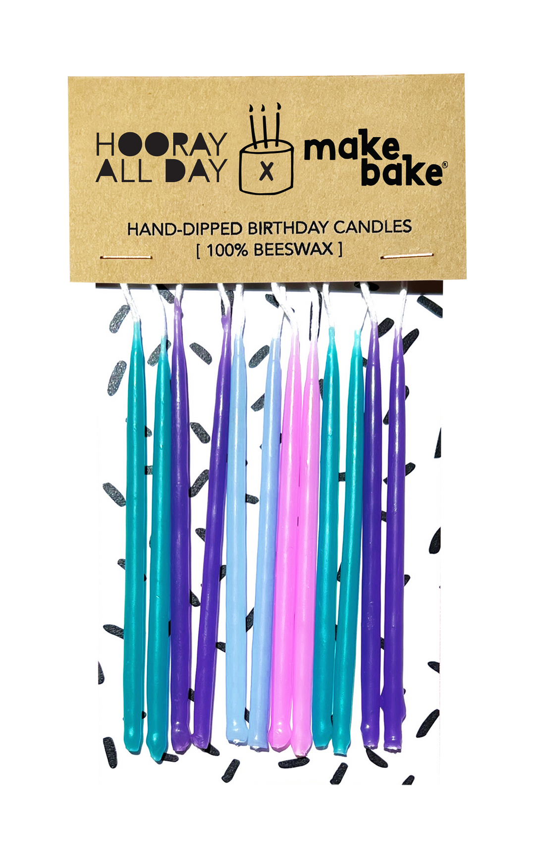 MAKE BAKE brand 12 hand-dipped 100% beeswax birthday candles in unicorn themed colors including pink, teal, purple and blue.
