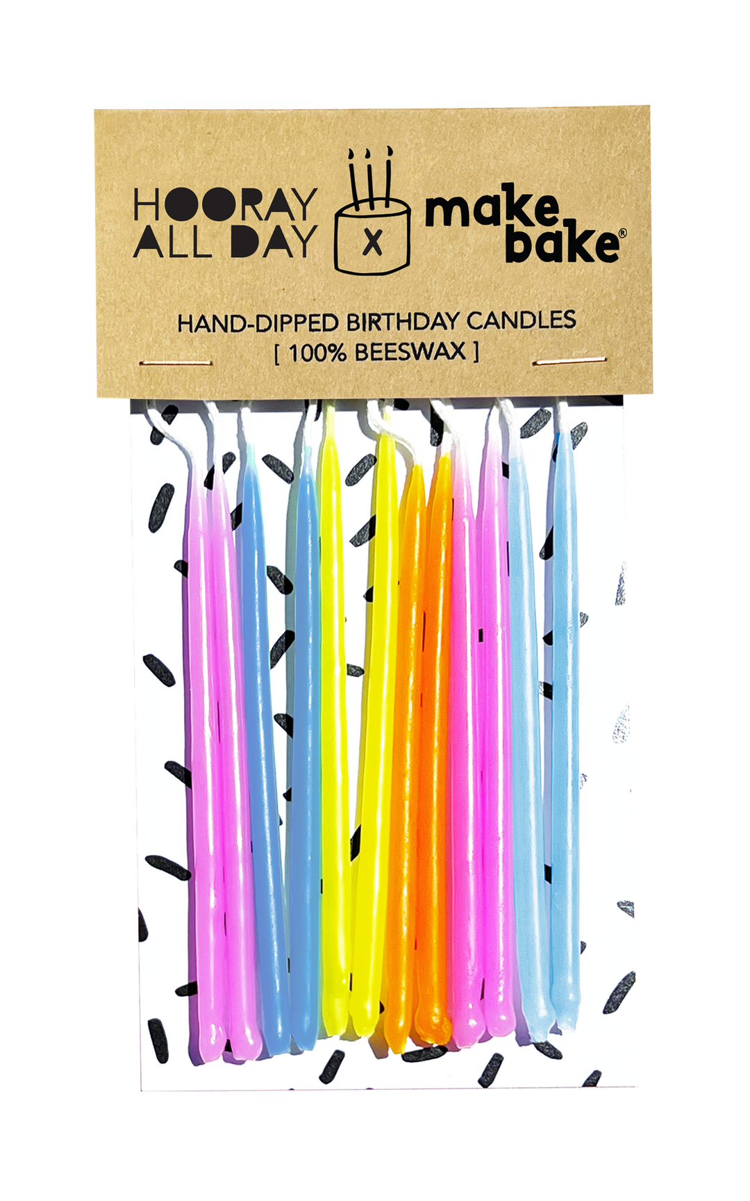 MAKE BAKE brand 12 hand-dipped 100% beeswax birthday candles in pastel colors including pink, yellow, orange and blue.
