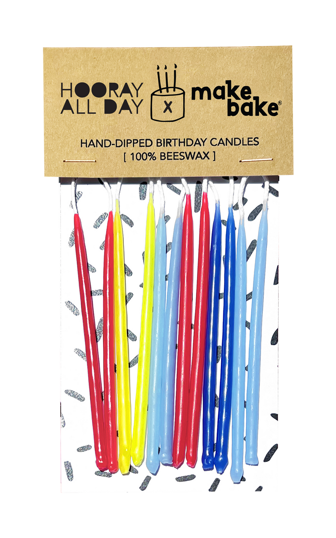 MAKE BAKE brand 12 hand-dipped 100% beeswax birthday candles in super hero themed colors including red, yellow and blues.