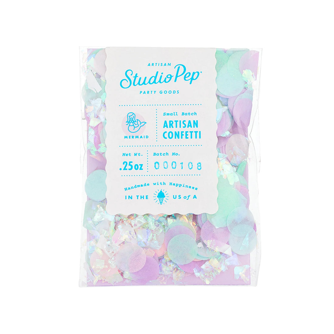 Packaged artisian confetti with StudioPep branding on a white background
